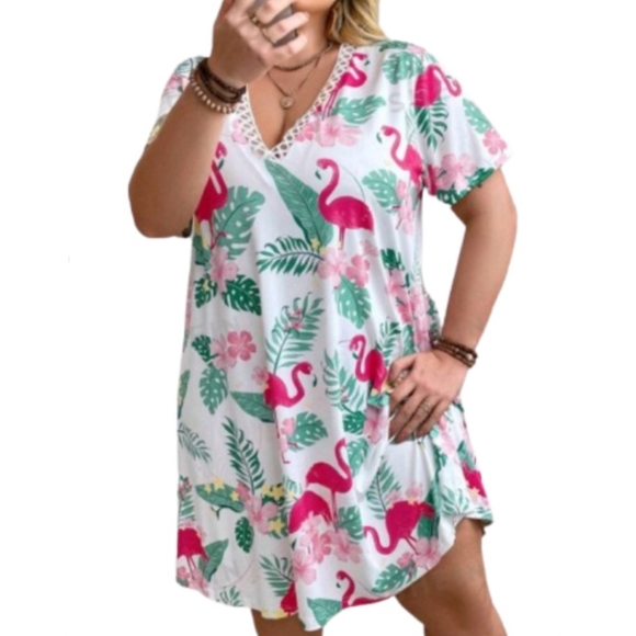 PRETTY PINK FLAMINGOS ☆ LACE TRIMMED ☆ LOUNGE DRESS ☆ NWT - Picture 4 of 7